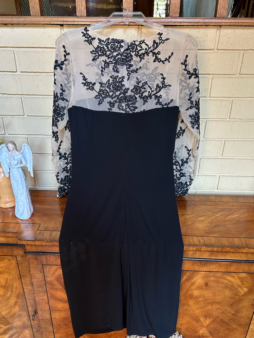David Meister Black Midi Dress with Sheer Embroidered Bodice
